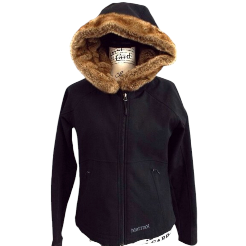 Marmot Black Jacket with Brown Faux Fur Hood Trim
